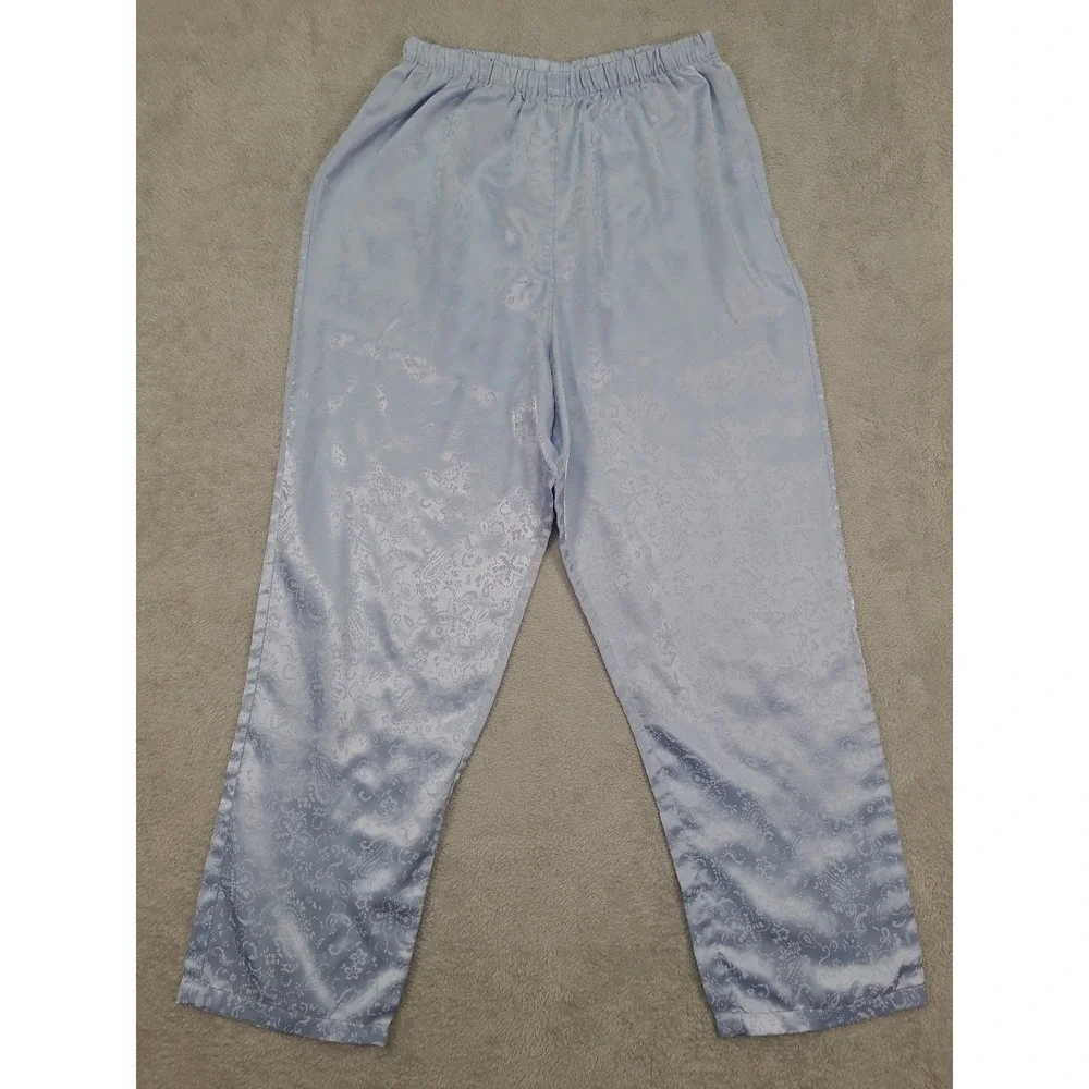 Vintage Character Womens Pajama Set Medium Light Blue Paisley Satin Button Down